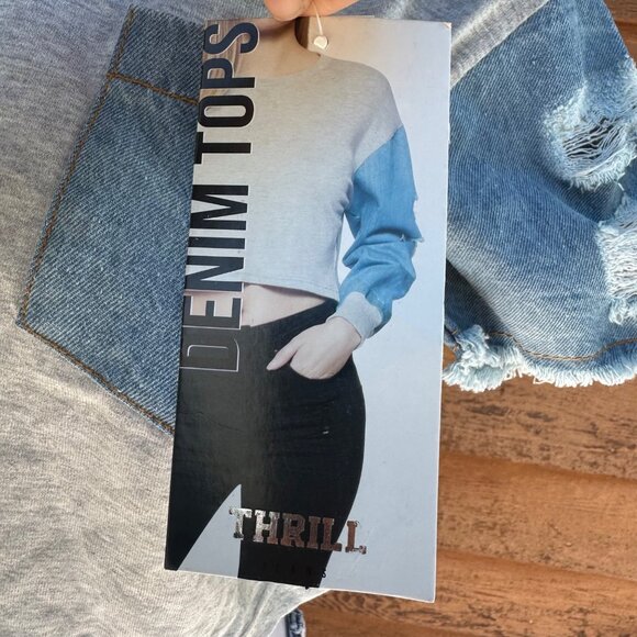 Thrill Jeans Cropped Tee With Distressed Denim Sleeves & Pocket Gray/Blue Womens - Picture 4 of 10